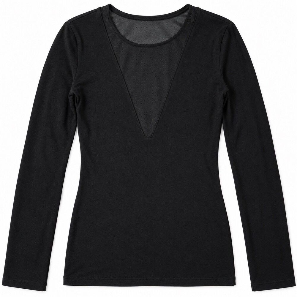 Express Women's Black Mesh Front Fitted Top Long Sleeve Size M